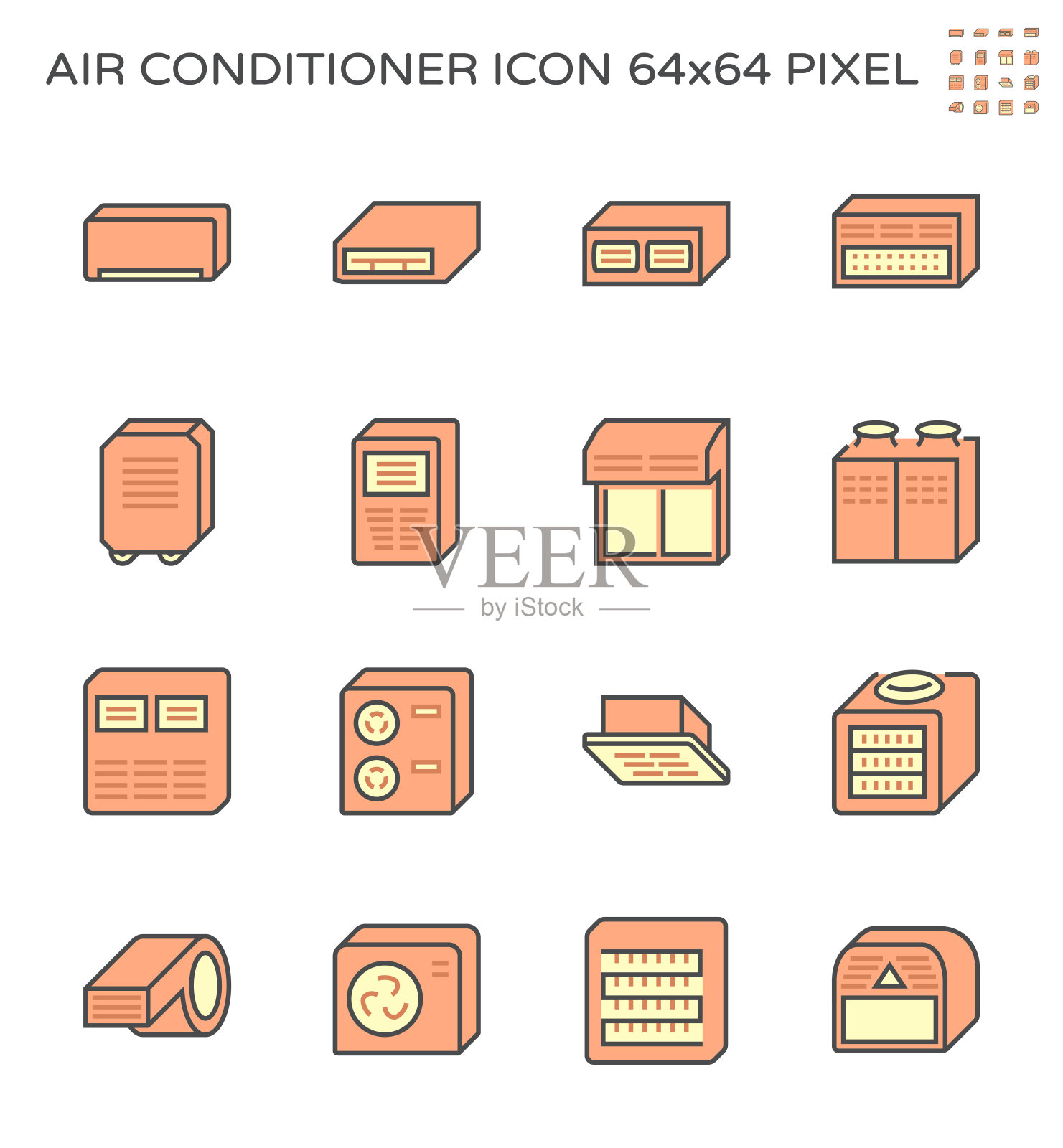 空调和空气压缩机图标设置，64x64完美像素和可编辑的笔触。图标素材