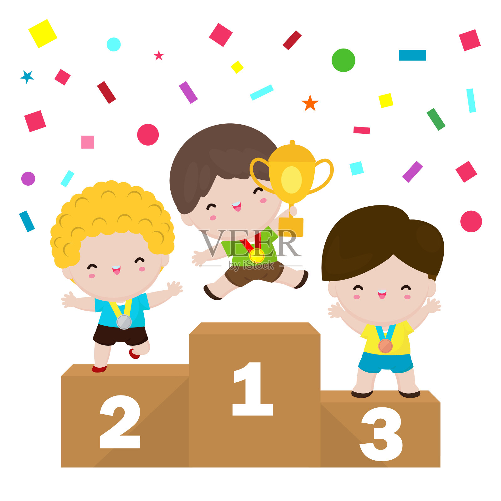 快乐可爱的小朋友女孩在领奖台上获胜，孩子们拿着奖牌站在孤立的白色背景上的体育台座上插画图片素材