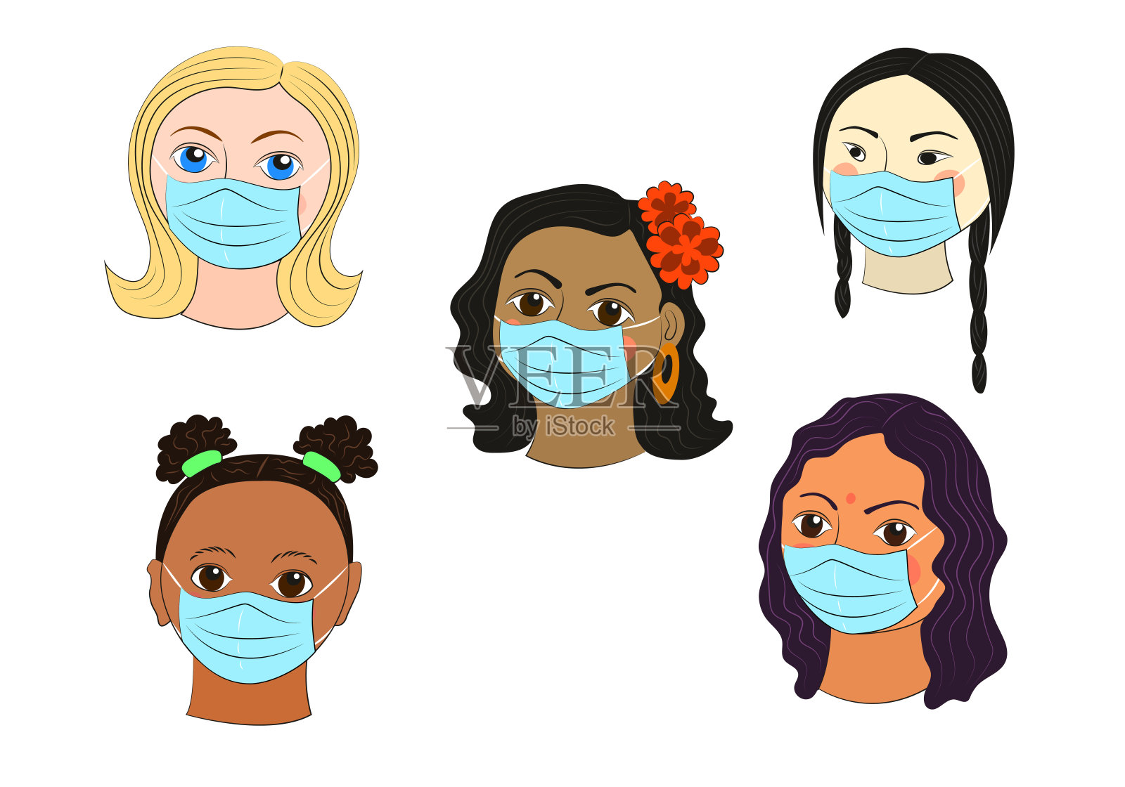冠状病毒在。不同国籍的妇女戴着医用口罩。插画图片素材