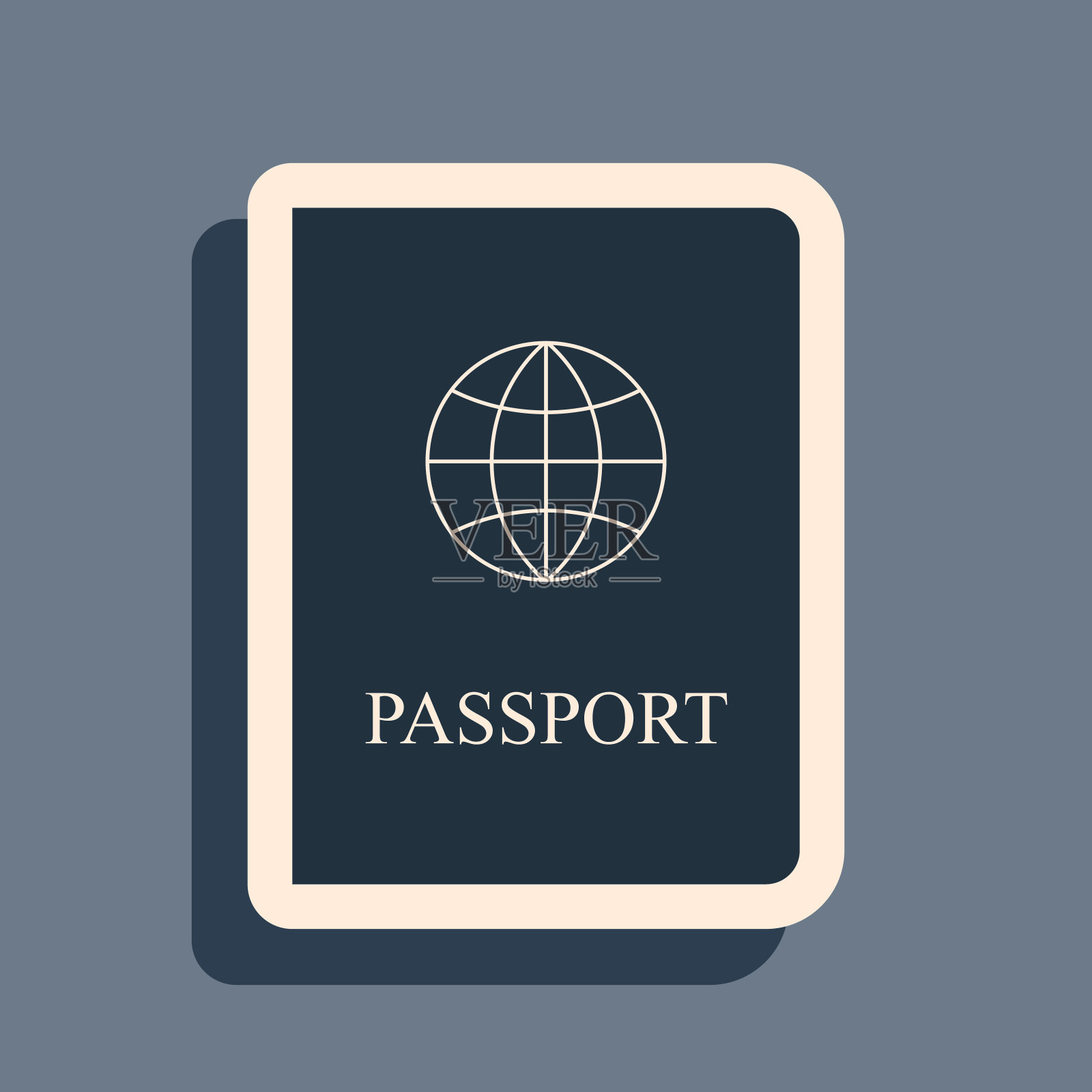 黑色护照与生物特征数据图标孤立在灰色背景。身份证明文件。长长的阴影风格。矢量图插画图片素材
