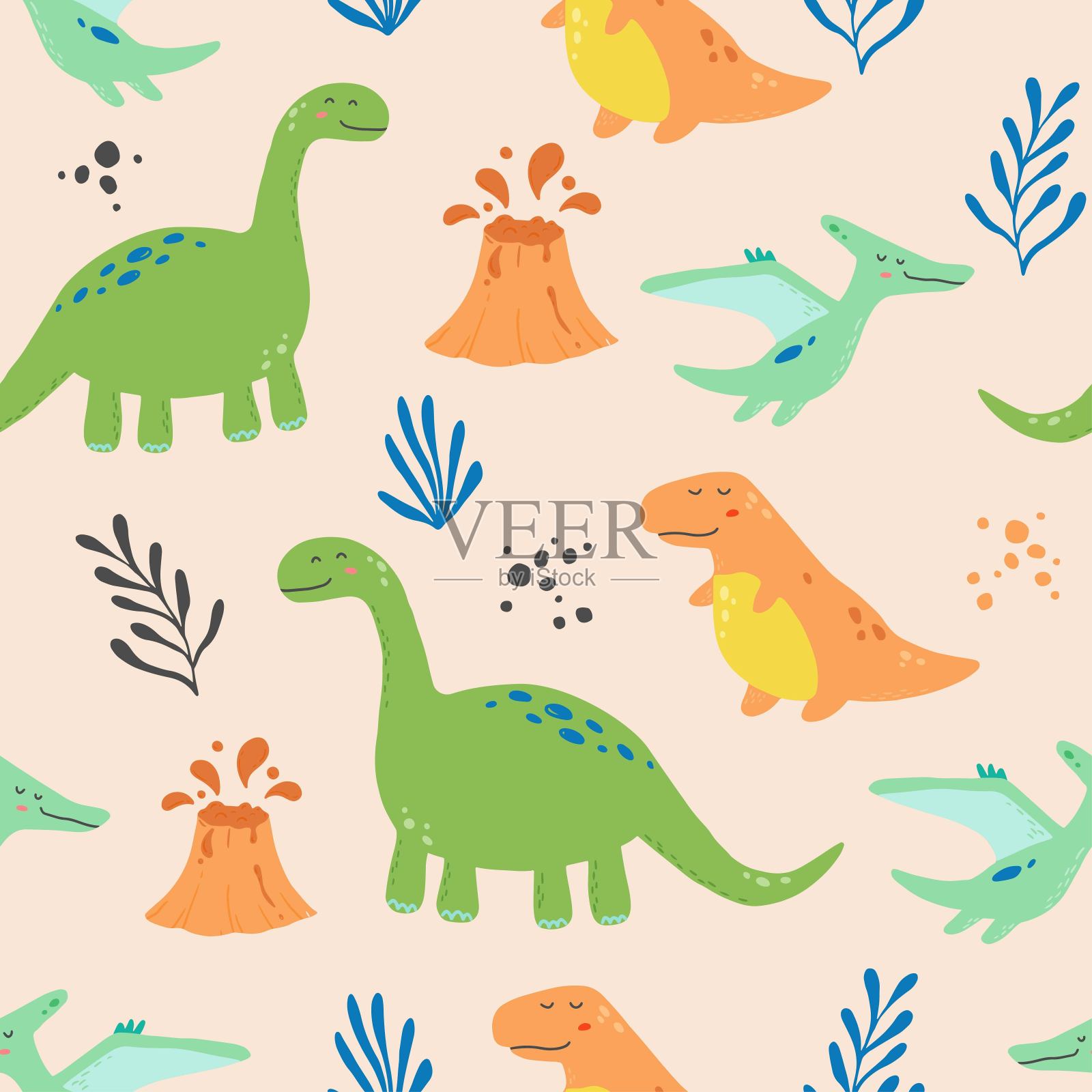 可爱的恐龙无缝图案。矢量图插画图片素材