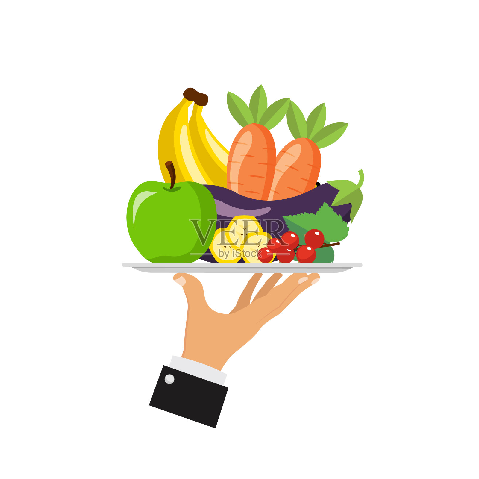 服务员端着一盘新鲜的蔬菜和水果孤立在白色的背景上。设计元素图片