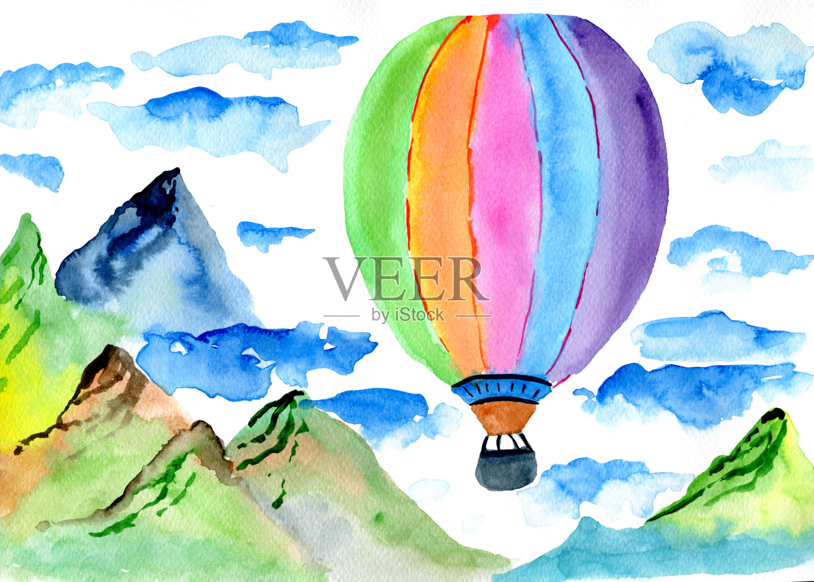 有气球和蓝天的水彩画山景。插画图片素材