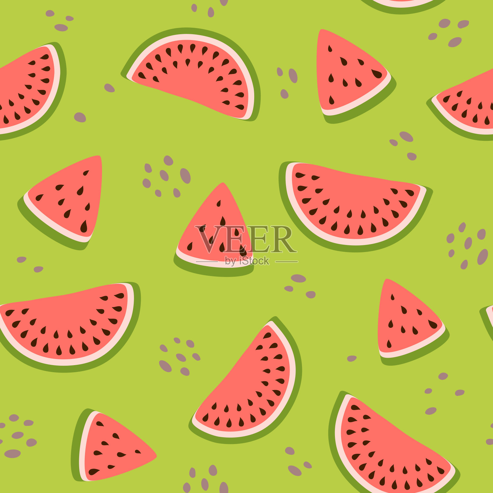 西瓜无缝模式。可爱的夏日水果背景。绿色的颜色。热带西瓜平面设计矢量插画图片素材