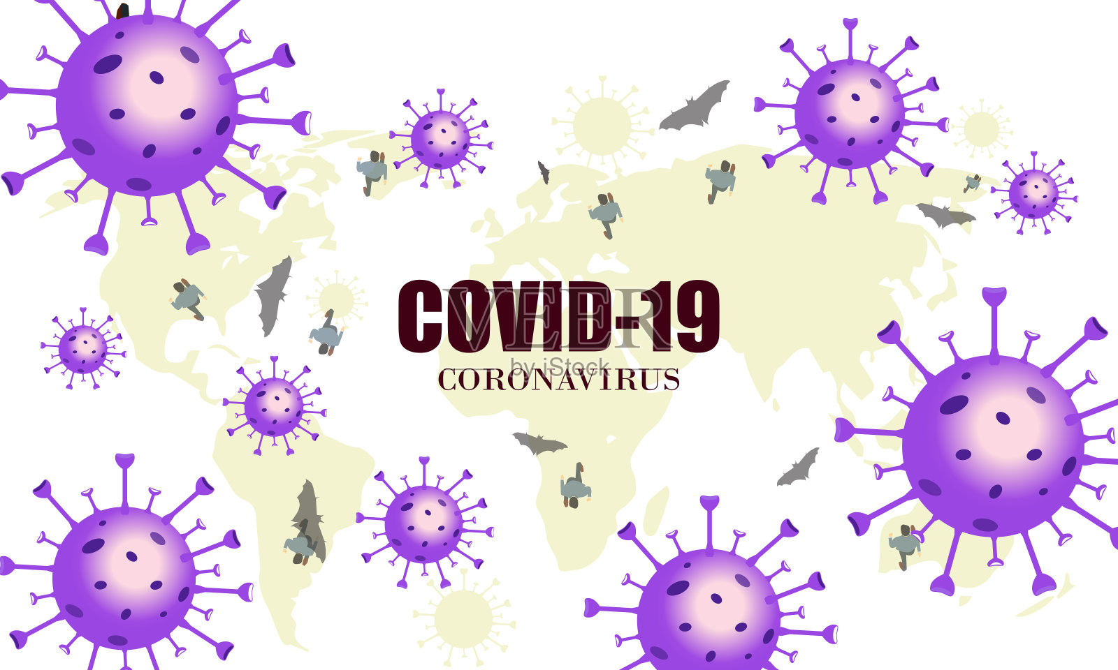 2019 - ncov冠状病毒。世界地图背景中的冠状病毒。向量插画图片素材