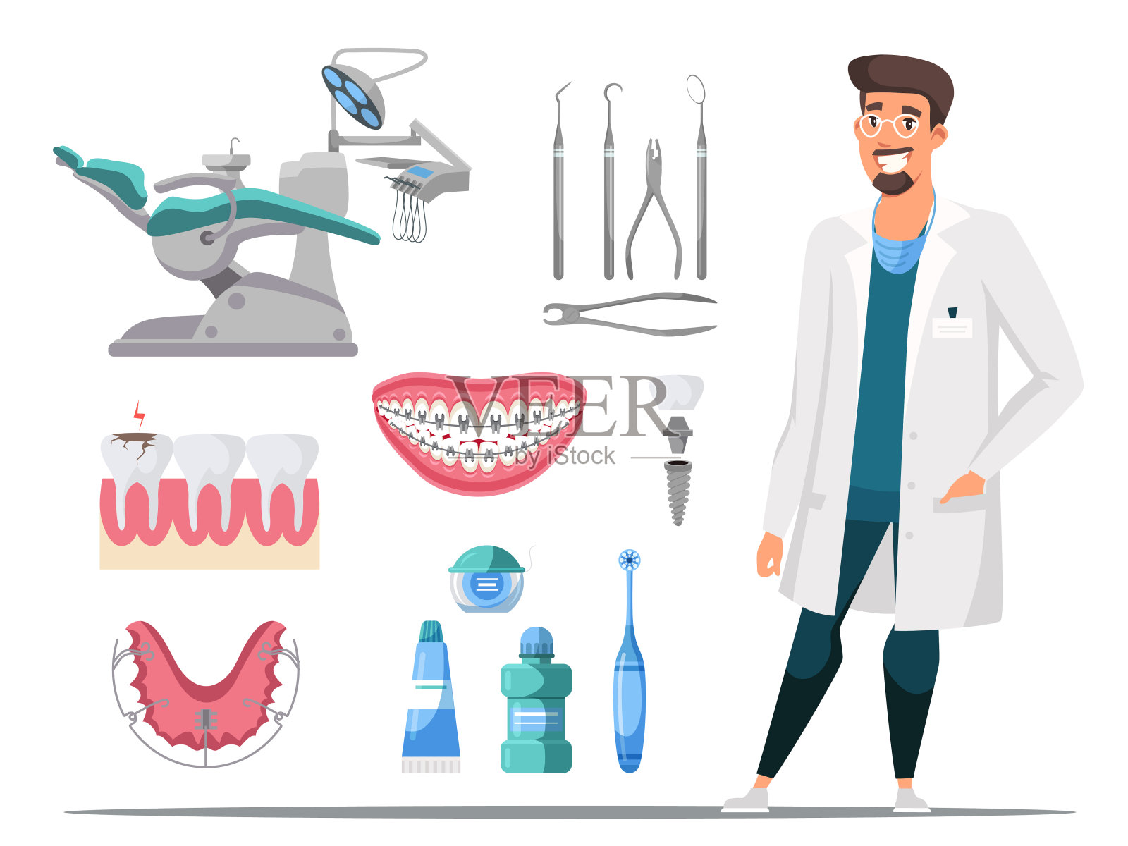牙医和医疗设备牙齿保健平板设计元素图片