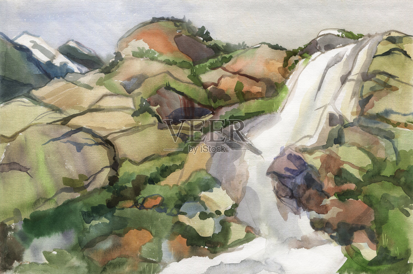 瀑布在山中石间。水彩绘画插画图片素材