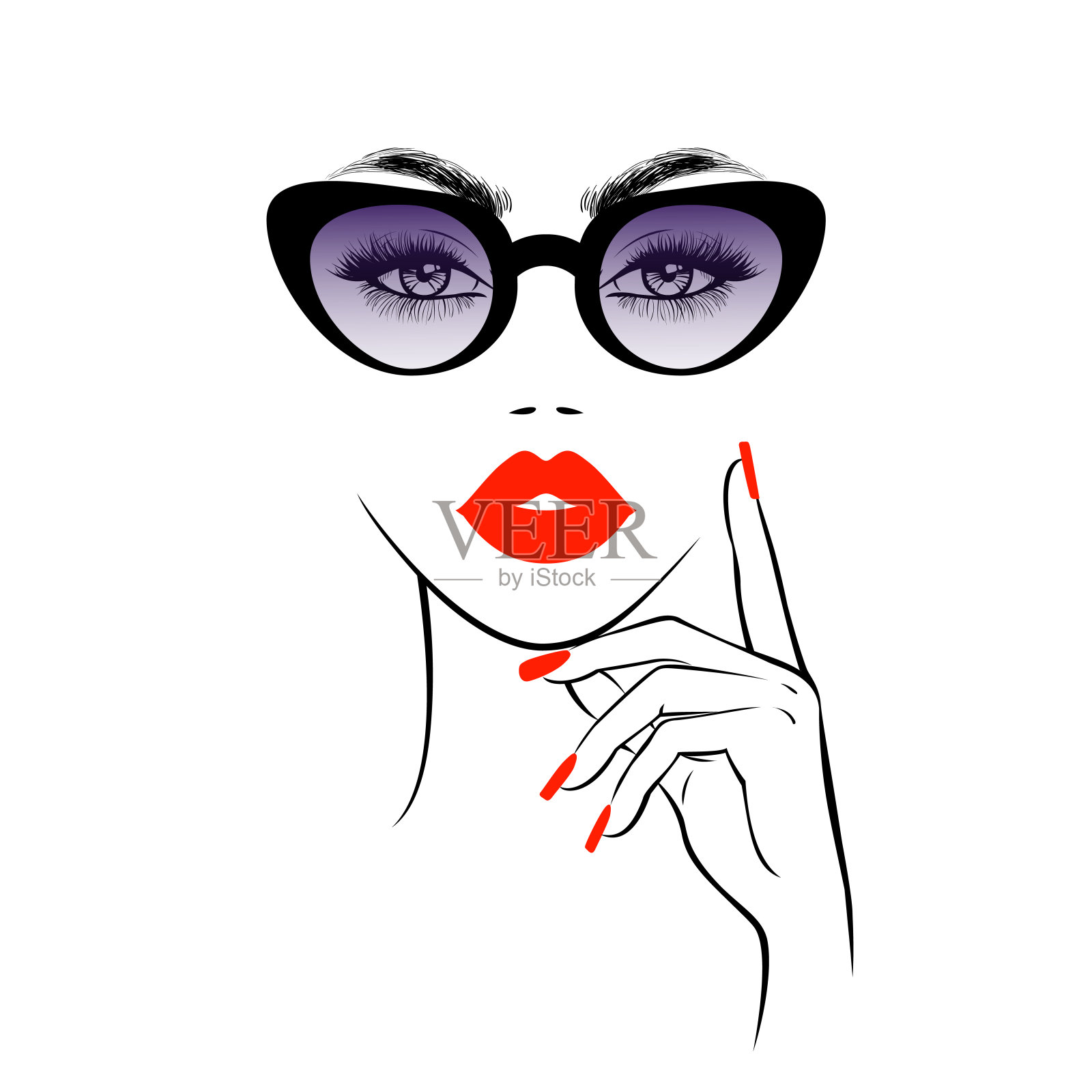 时尚的女人在时尚的太阳镜，红色的指甲，红色的嘴唇，印花t恤，抽象的壁纸背景。美丽的标志。矢量插图。插画图片素材