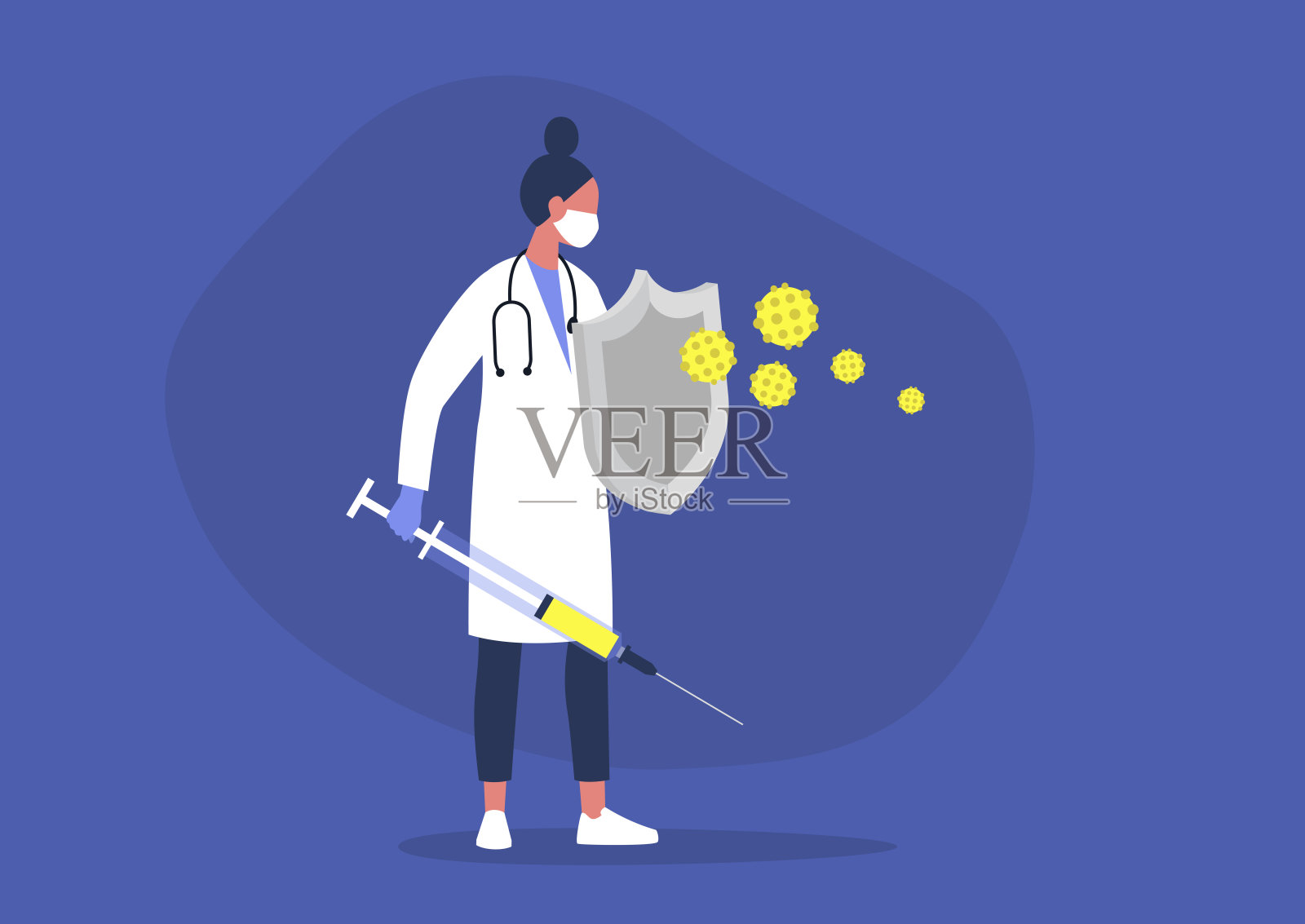 年轻女医生刀盾对抗病毒，保健，免疫系统，疫苗接种插画图片素材
