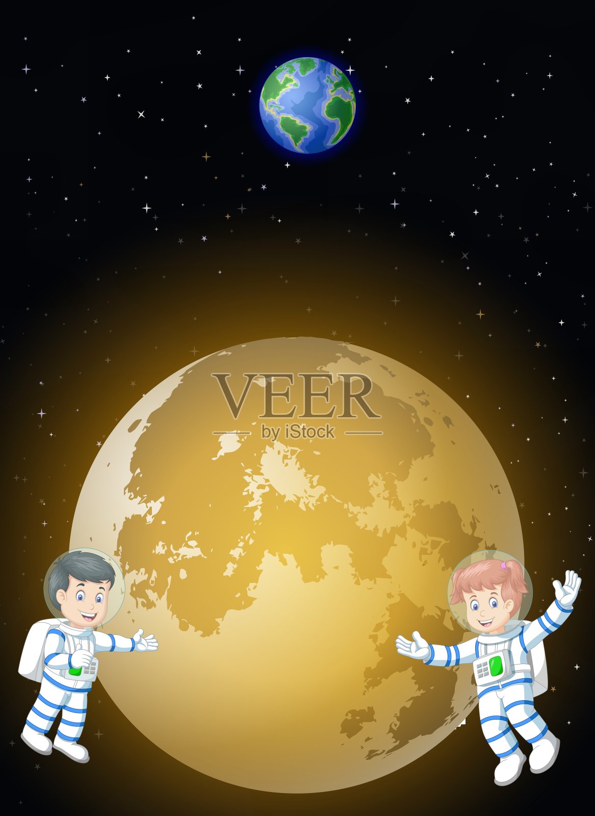两名宇航员在月球附近的银河系太空飞行，地球和星星在背景卡通插画图片素材