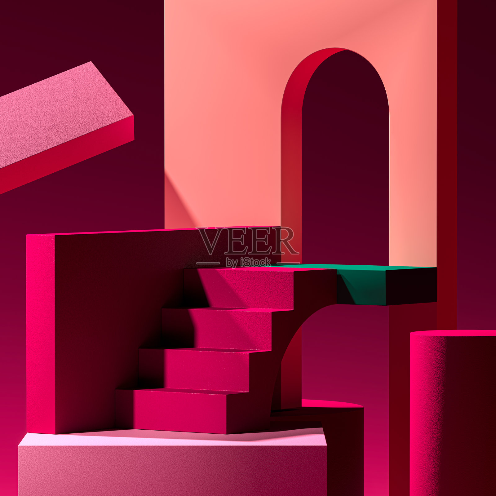 粉红色的橱窗与抽象的彩色人物。空的空间。副本的空间。抽象模式。3d渲染插画图片素材
