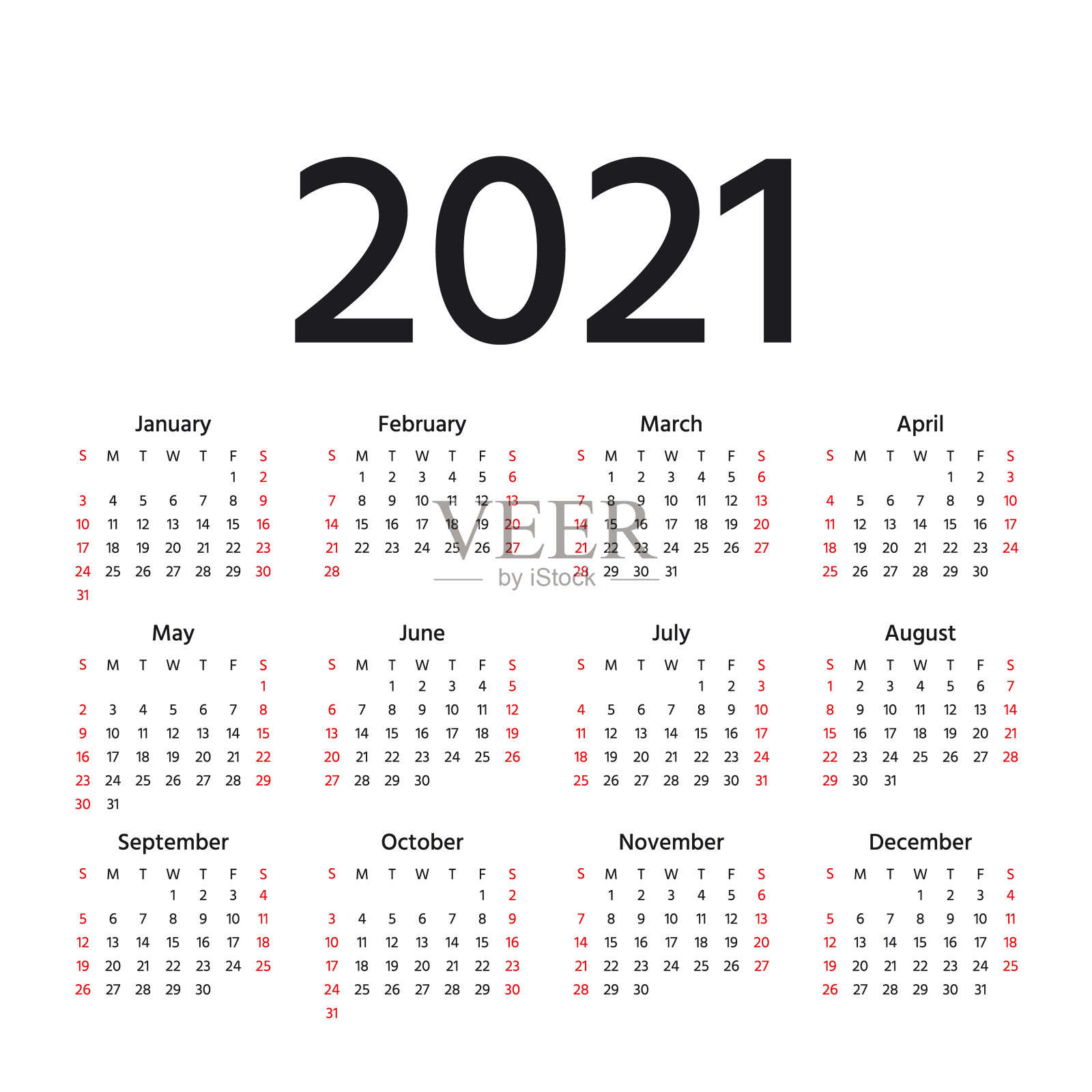 2021年日历。矢量插图。模板一年计划。插画图片素材
