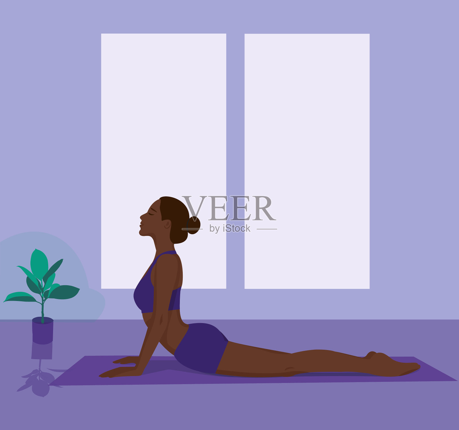 一个年轻的瑜伽女子在蓝色的背景上摆姿势。放松和冥想。健康的生活方式。平衡训练。女性的剪影。插画图片素材