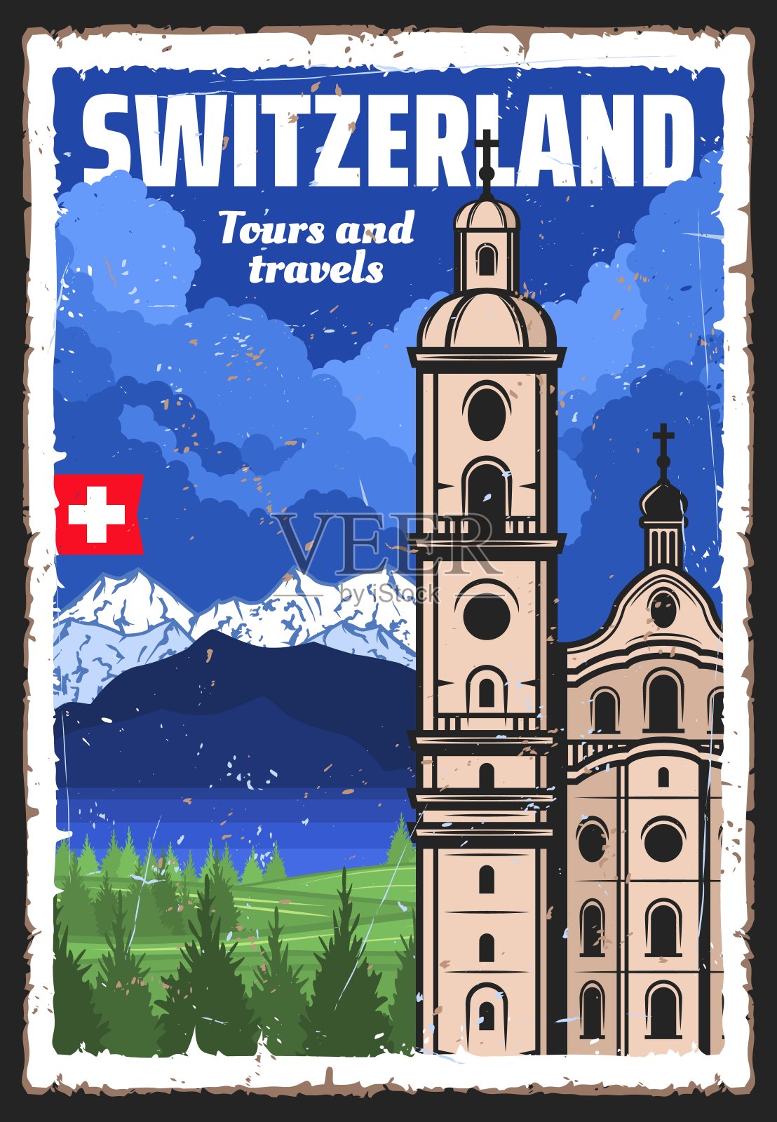 瑞士阿尔卑斯山，瑞士国旗和耶稣会教堂设计模板素材