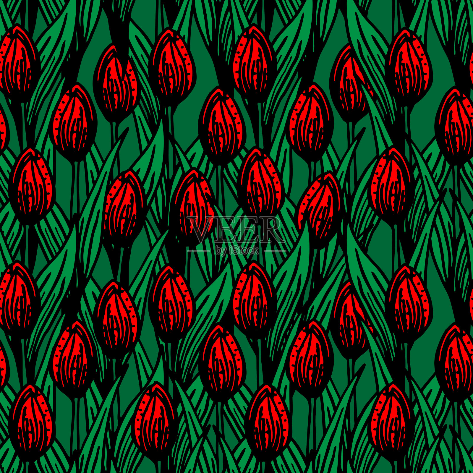 无缝图案的红色涂鸦郁金香在绿色的背景插画图片素材