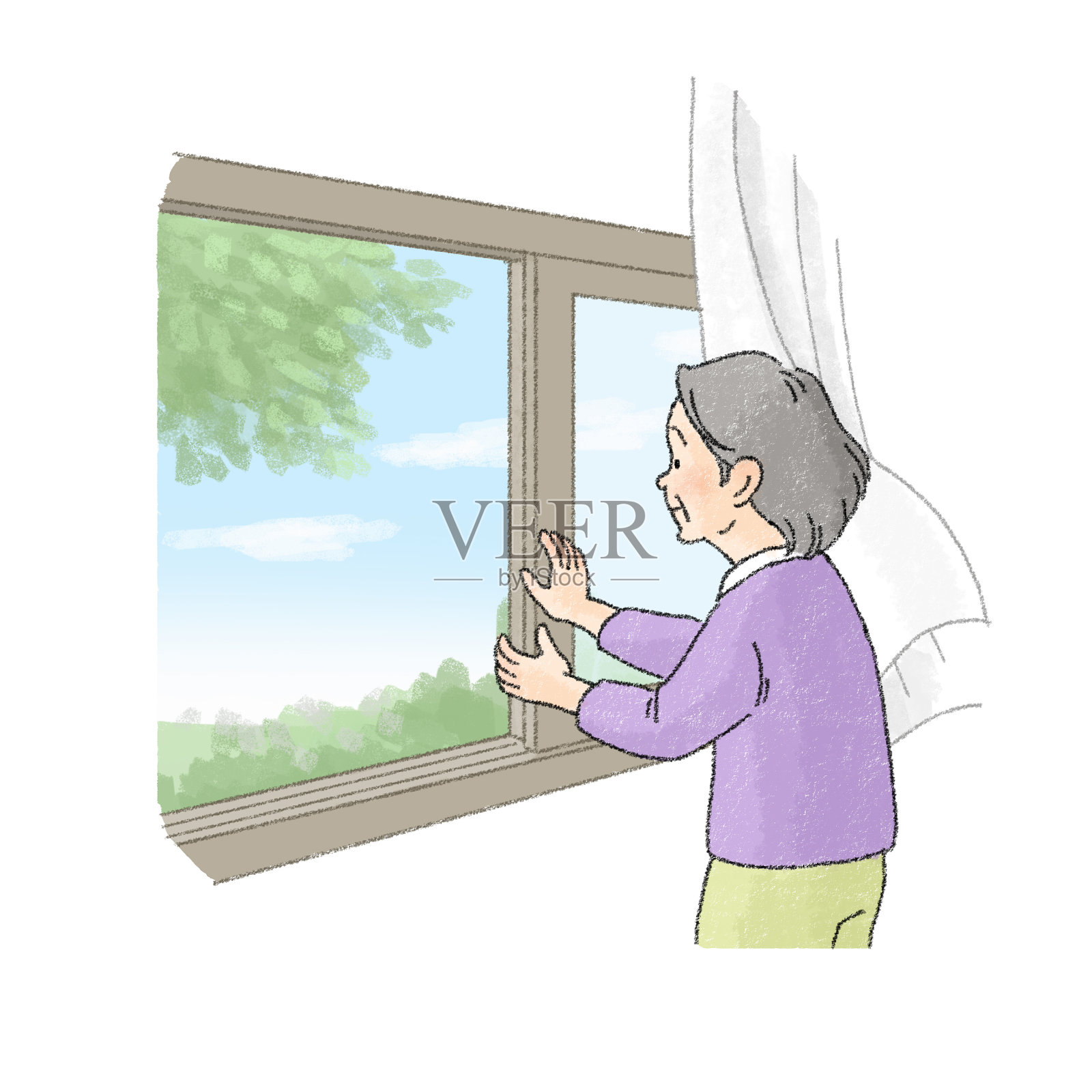 一个人打开窗户和通风的插图(资深女性)插画图片素材