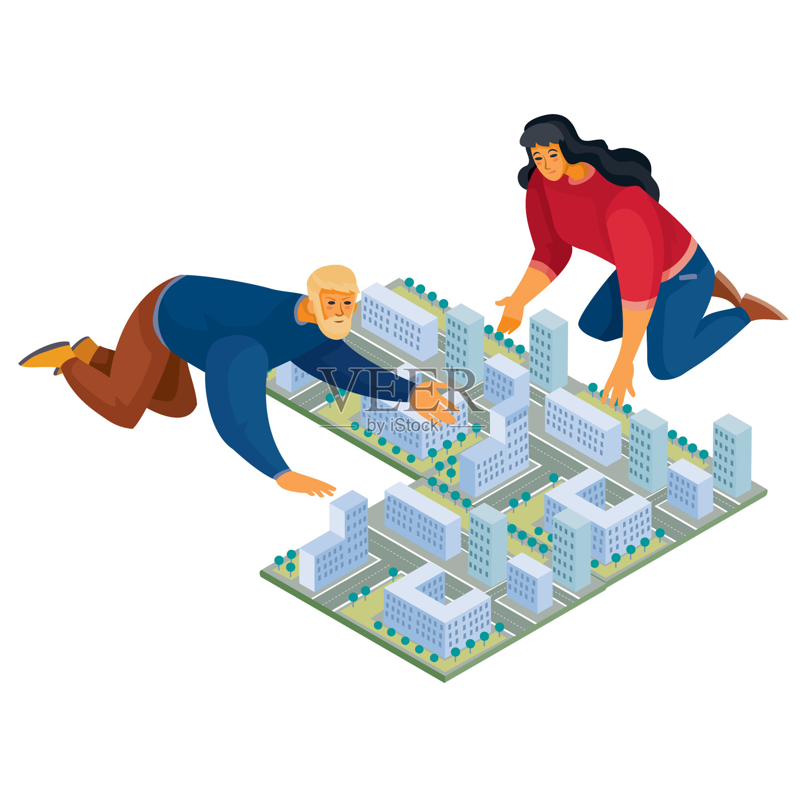 三维等距法，男人和女人在现代房屋的地板上建立一个城市地图，在白色背景上孤立的物体，插画图片素材