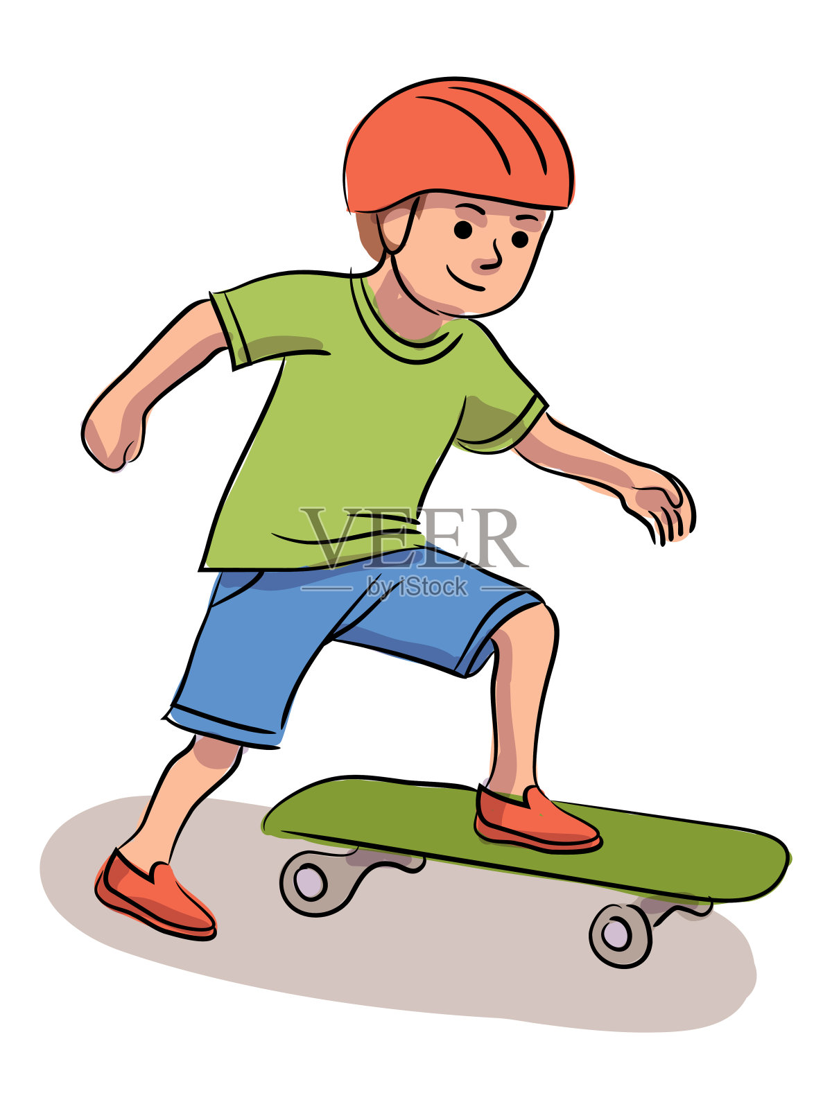 少年在滑板平面矢量插图。年轻的微笑滑板者，滑板者在夏季服装卡通人物。爱好滑板，极度休闲。户外娱乐活动，积极的消遣。设计元素图片