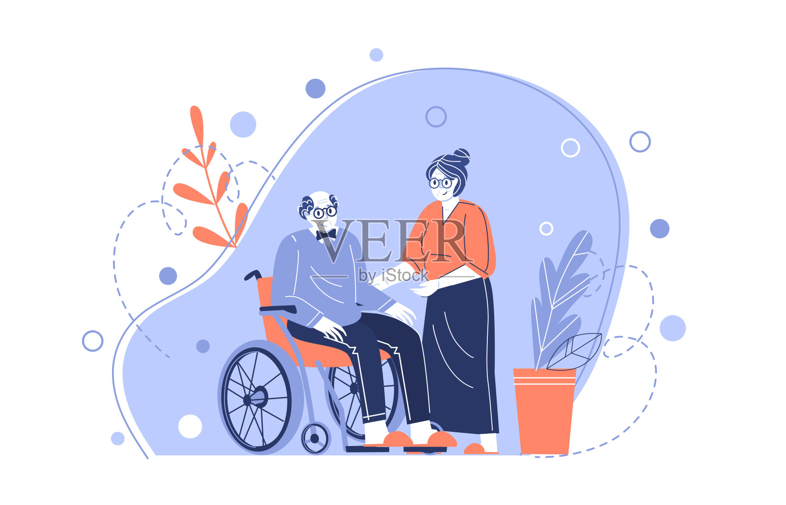 一对老夫妇的角色。祖母用轮椅照顾年迈的祖父。帮助老人。照顾养老金领取者。设计元素图片