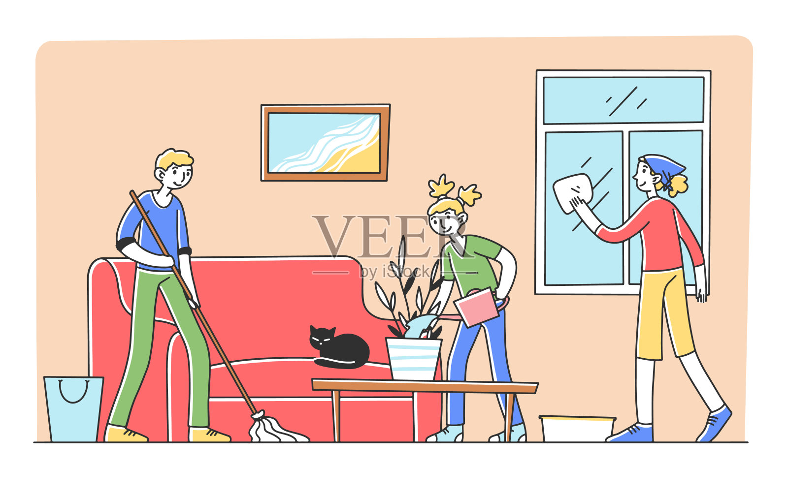 幸福的家庭一起打扫公寓插画图片素材