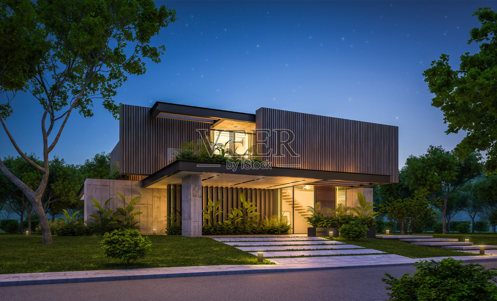 现代住宅的3d渲染与木板立面在晚上照片摄影图片