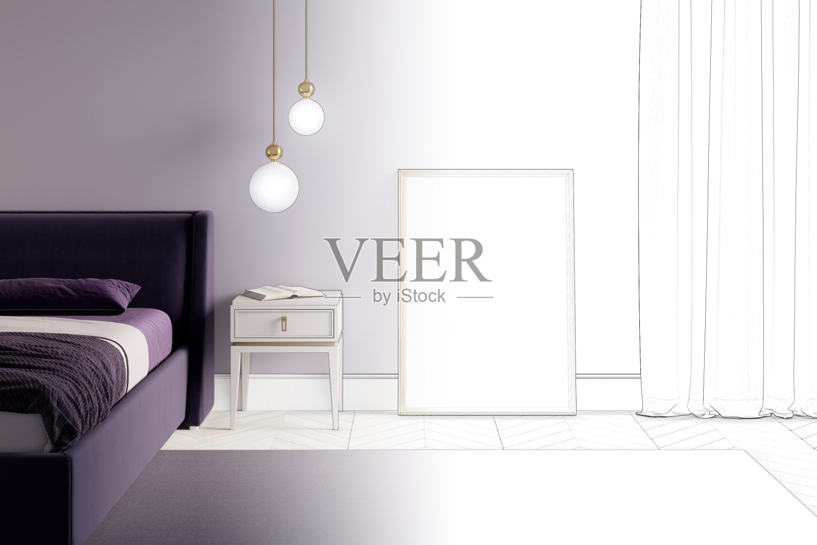这幅草图变成了一间真正的紫色卧室，地板上有一幅金色框架的海报、一幅窗帘、床头柜上方的一盏灯、床、地毯和白色拼花地板。前视图。照片摄影图片