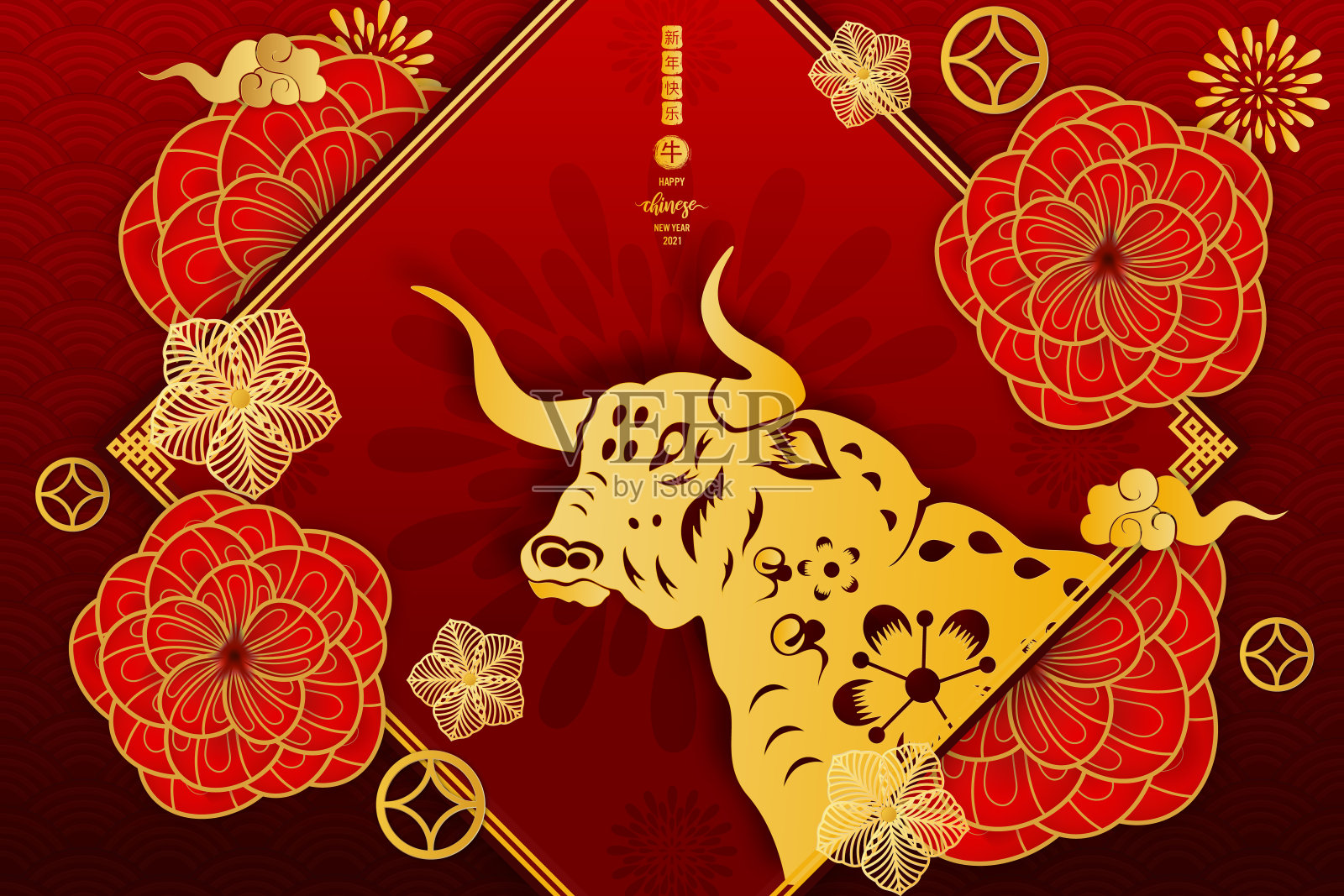 中国传统模板的中国新年与牛图案孤立在红色背景作为牛年，幸运和无限的概念。(中文字母表示新年快乐)插画图片素材