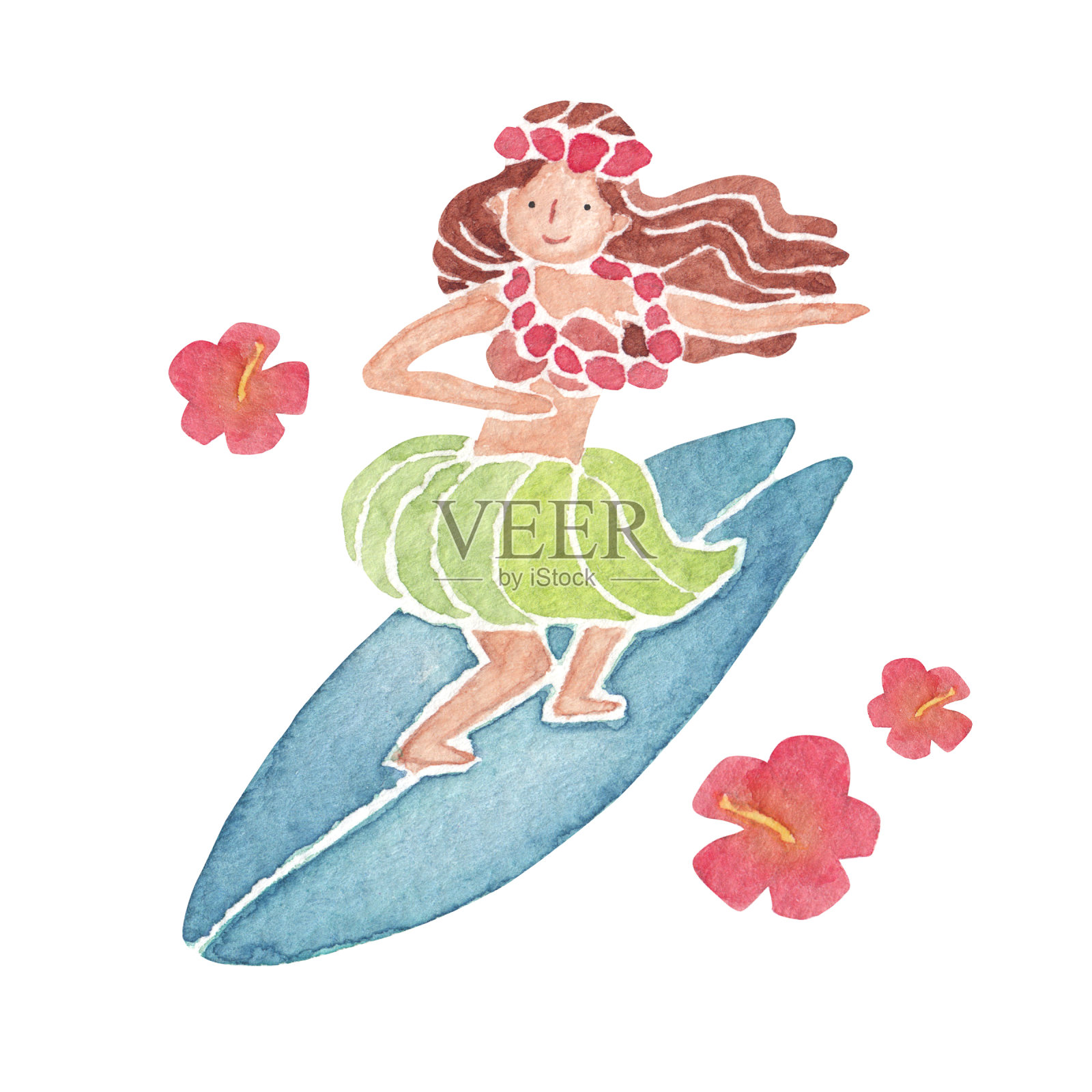 草裙舞女孩在海浪上冲浪插画图片素材