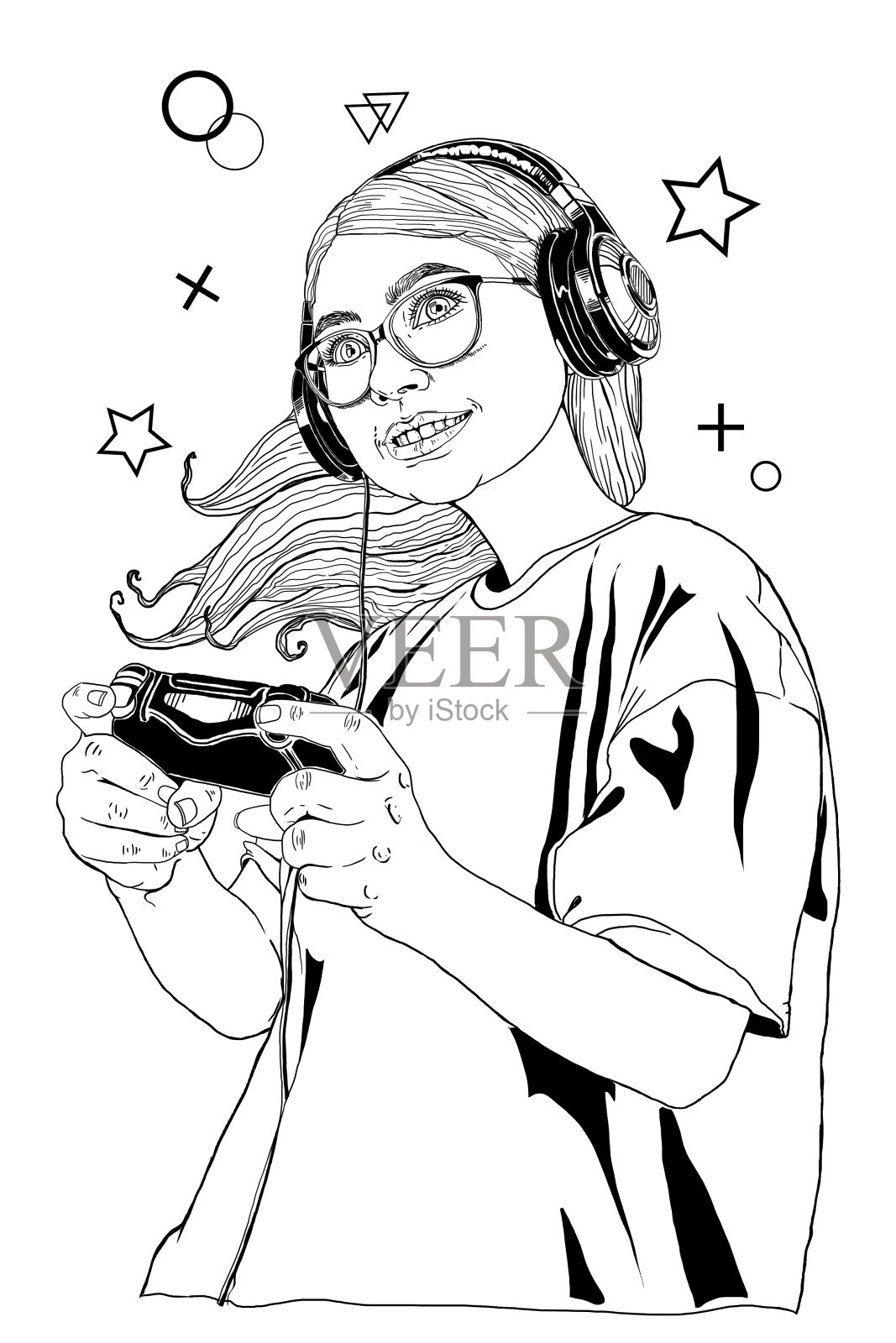 漂亮的年轻女玩家戴着黑色耳机，手里拿着操纵杆插画图片素材