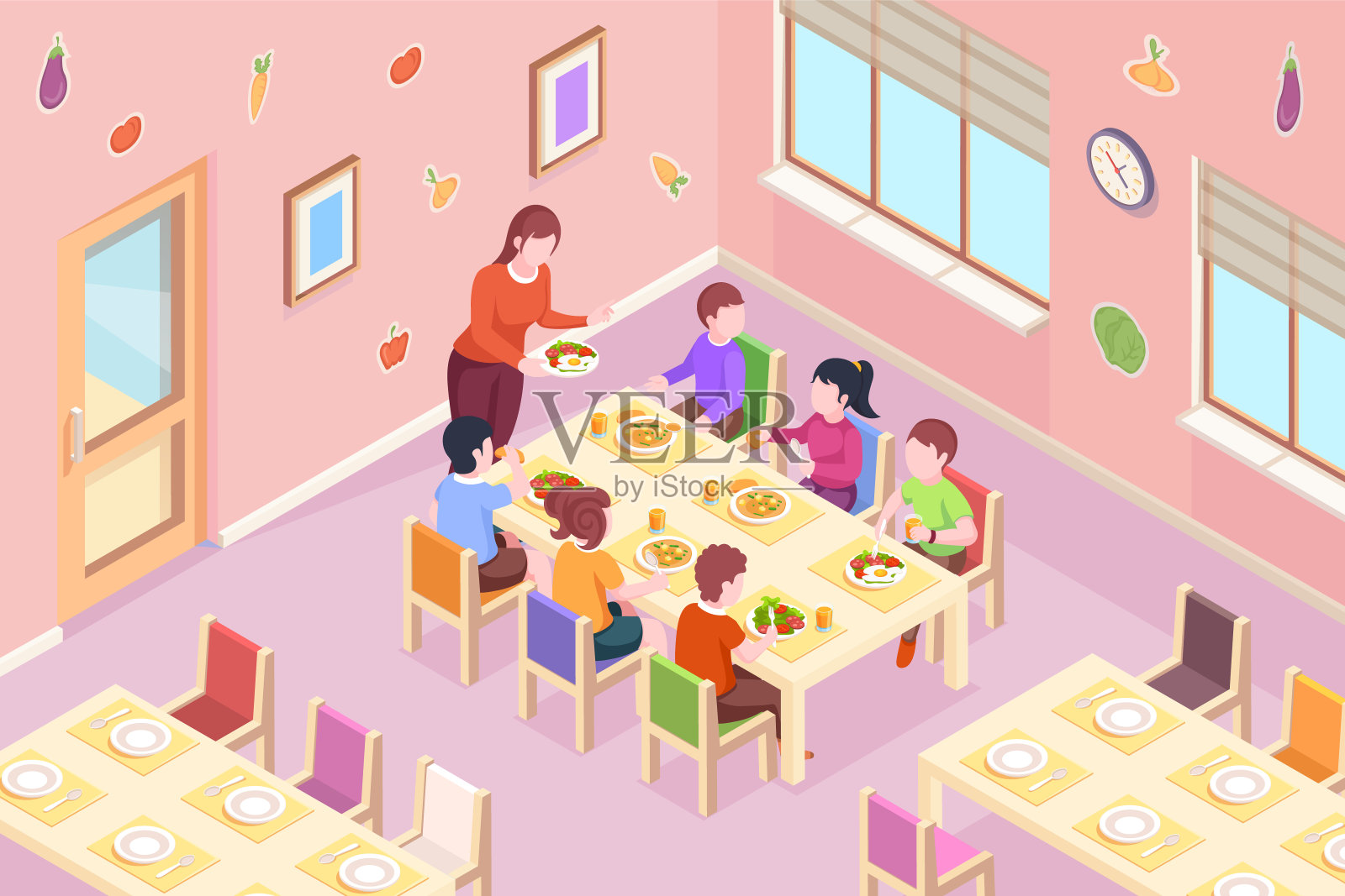 孩子们在幼儿园吃饭。孩子老师在晚餐或早餐时间带来健康的食物。教室里的男孩和女孩在餐桌上吃饭。餐厅室内设计。幼儿园插图插画图片素材