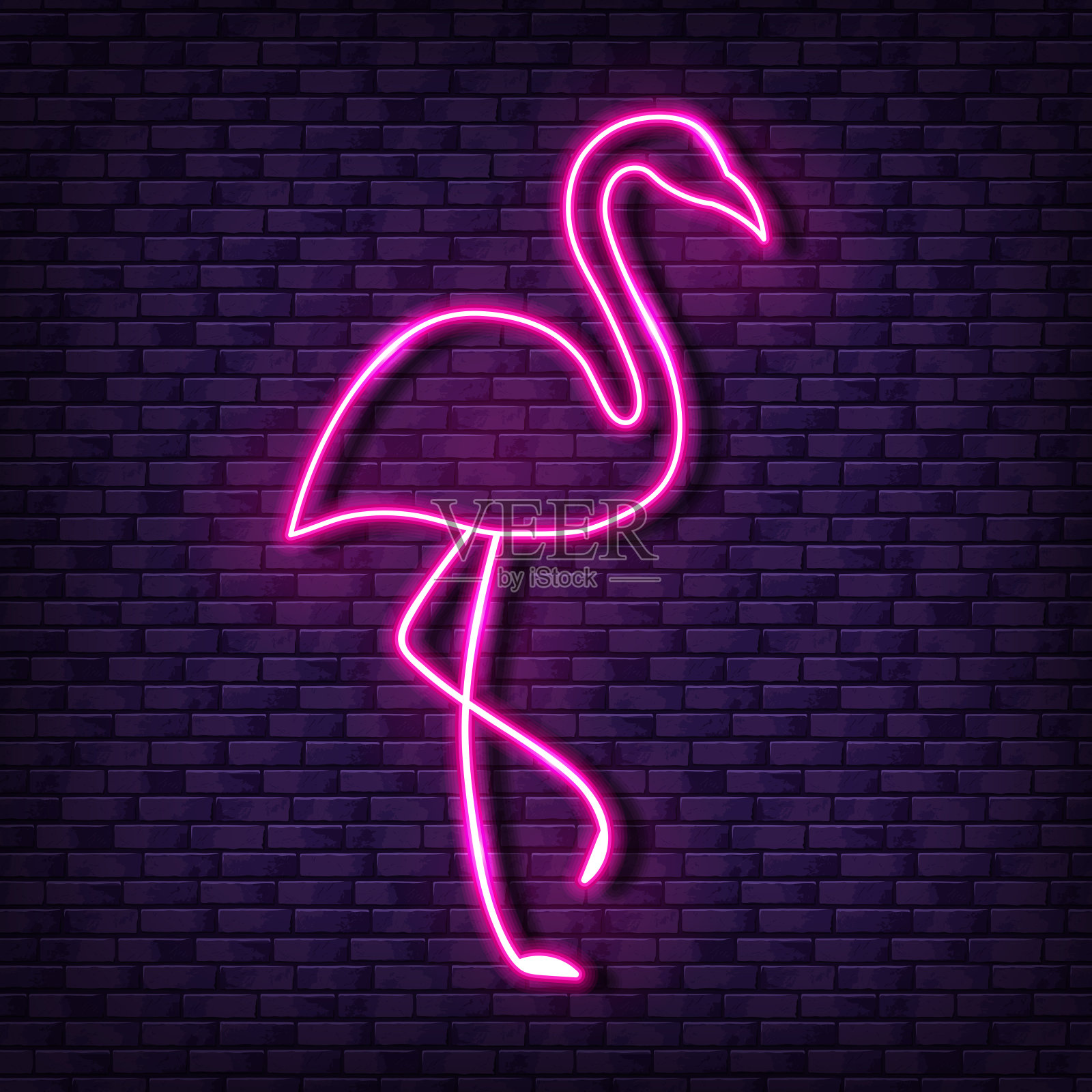 矢量霓虹灯招牌与粉红色火烈鸟。砖墙背景上发光的鸟横幅插画图片素材