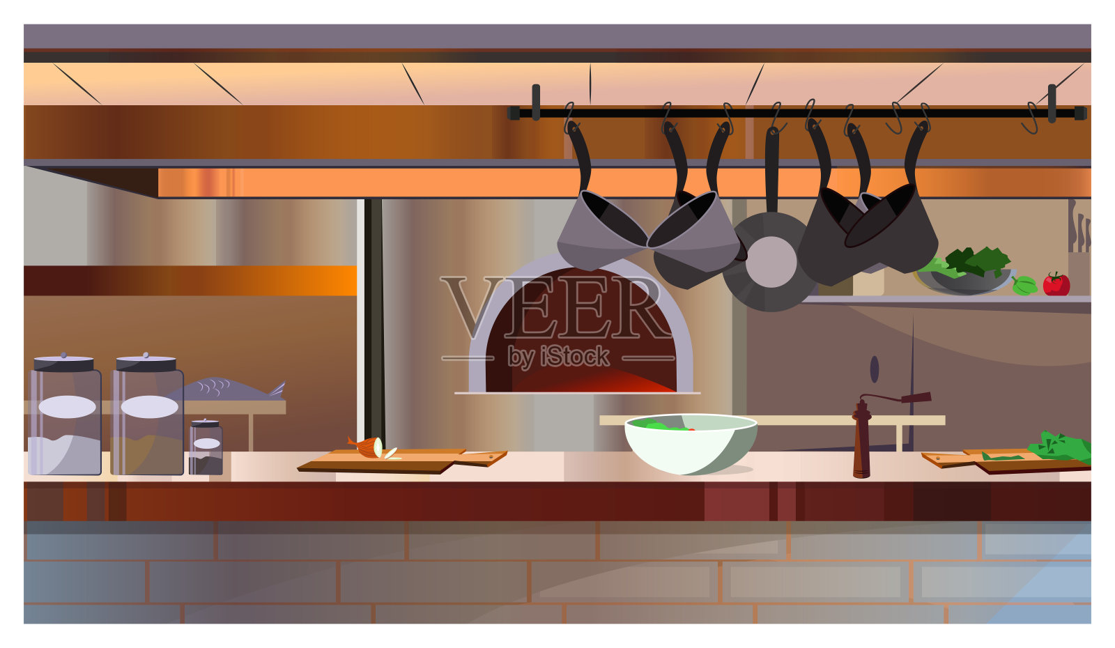 餐厅厨房与烤箱和柜台插图插画图片素材