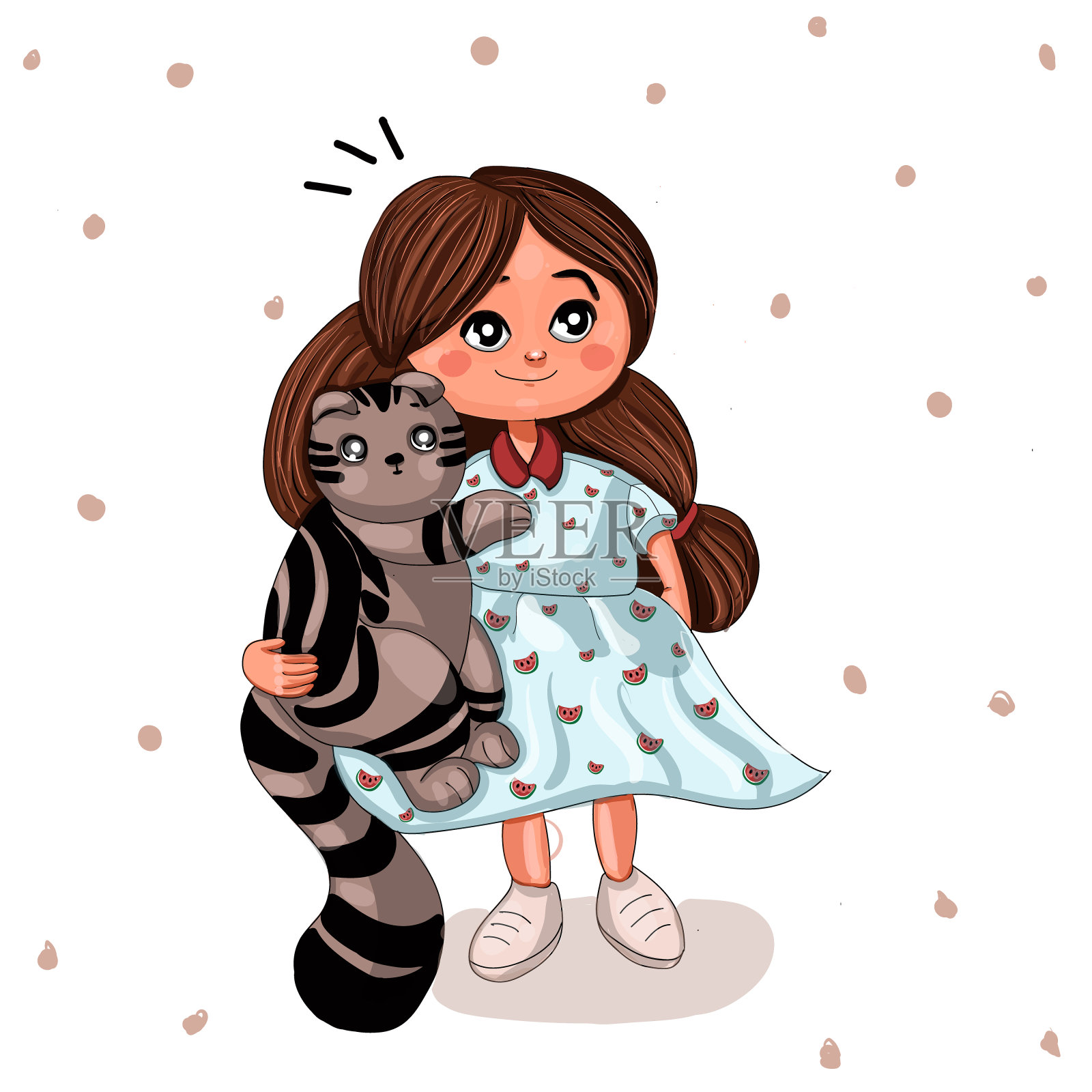 一个女孩和一只可爱的猫的角色。插画图片素材