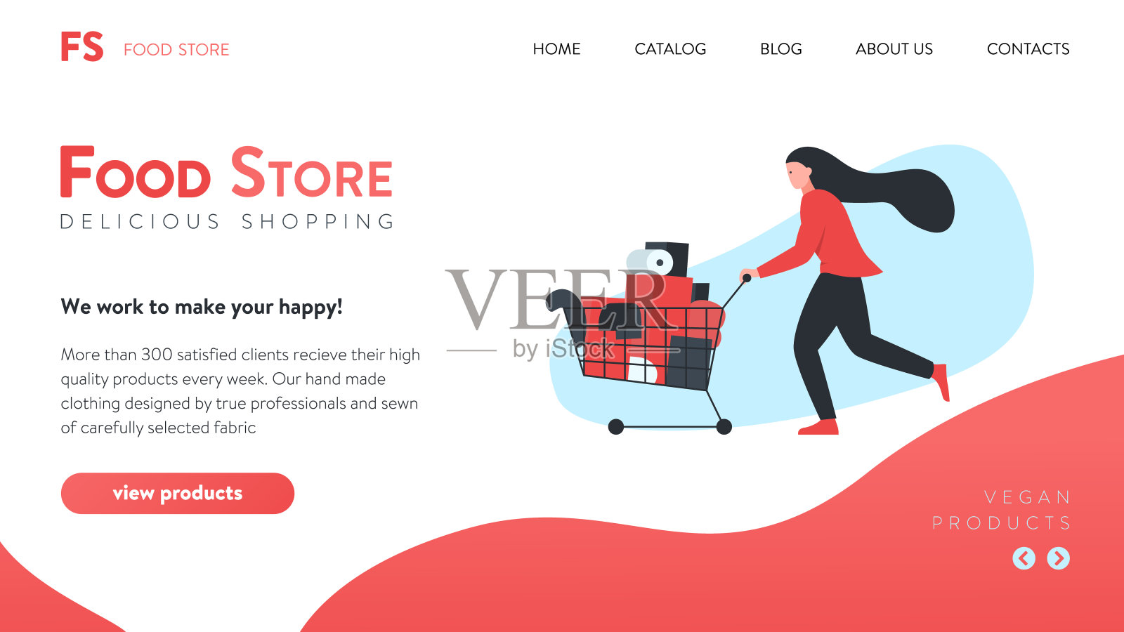 矢量插图的一个在线食品商店网站界面与概念插图的女人运载着一个购物车与货物。它代表了食品购物、在线商店设计或登陆页面的概念设计模板素材