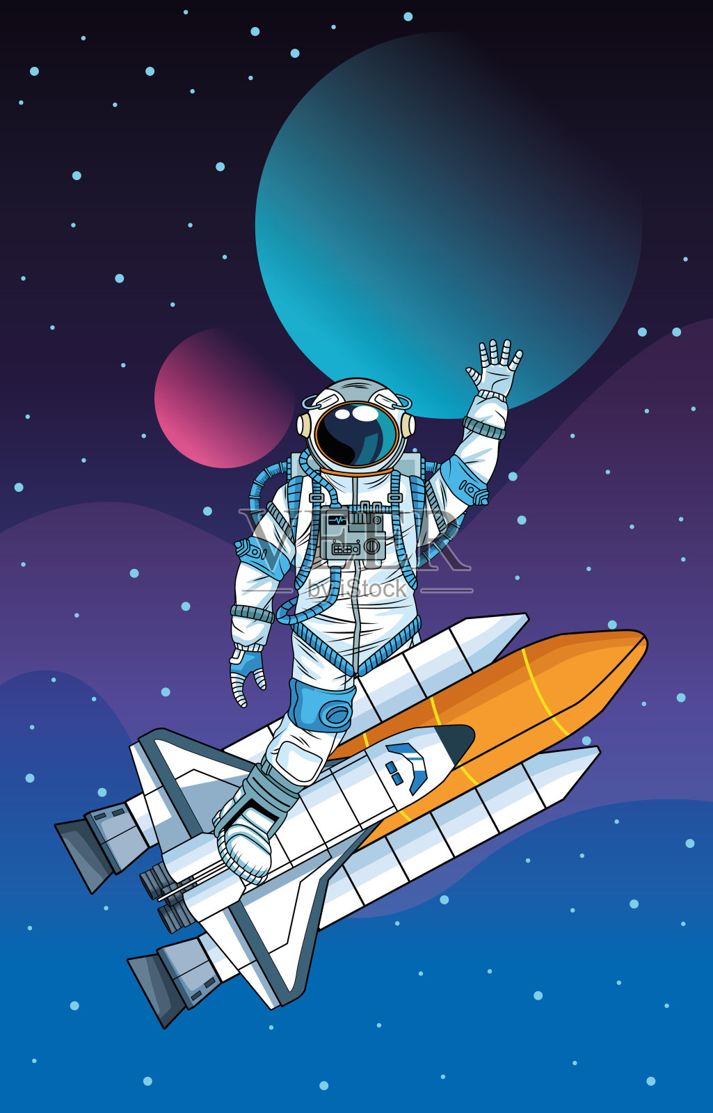 太空中有火箭的宇航员角色插画图片素材
