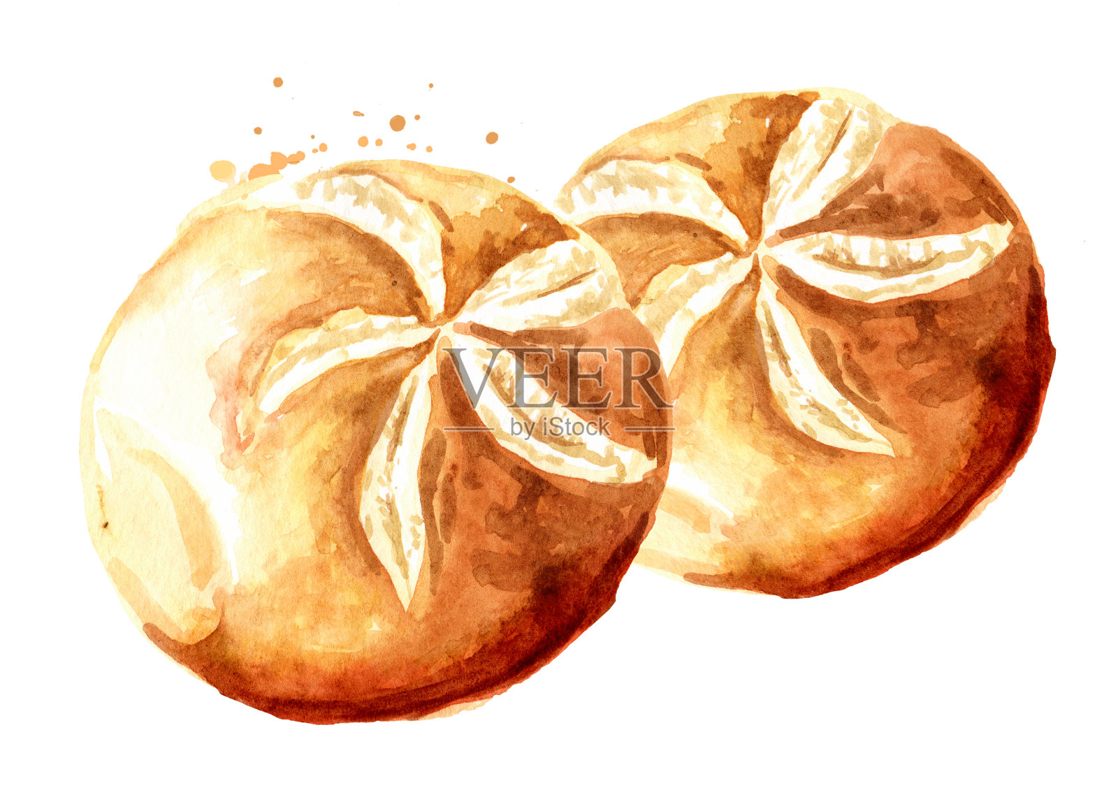 新鲜的烘焙食品，面包。手绘水彩插图，孤立的白色背景插画图片素材