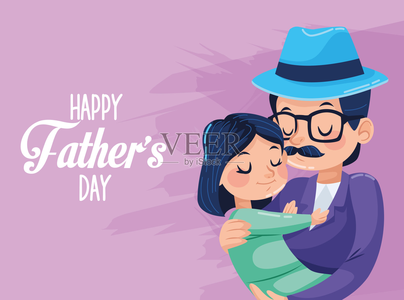 父亲节快乐，时髦的父亲抱着女儿插画图片素材