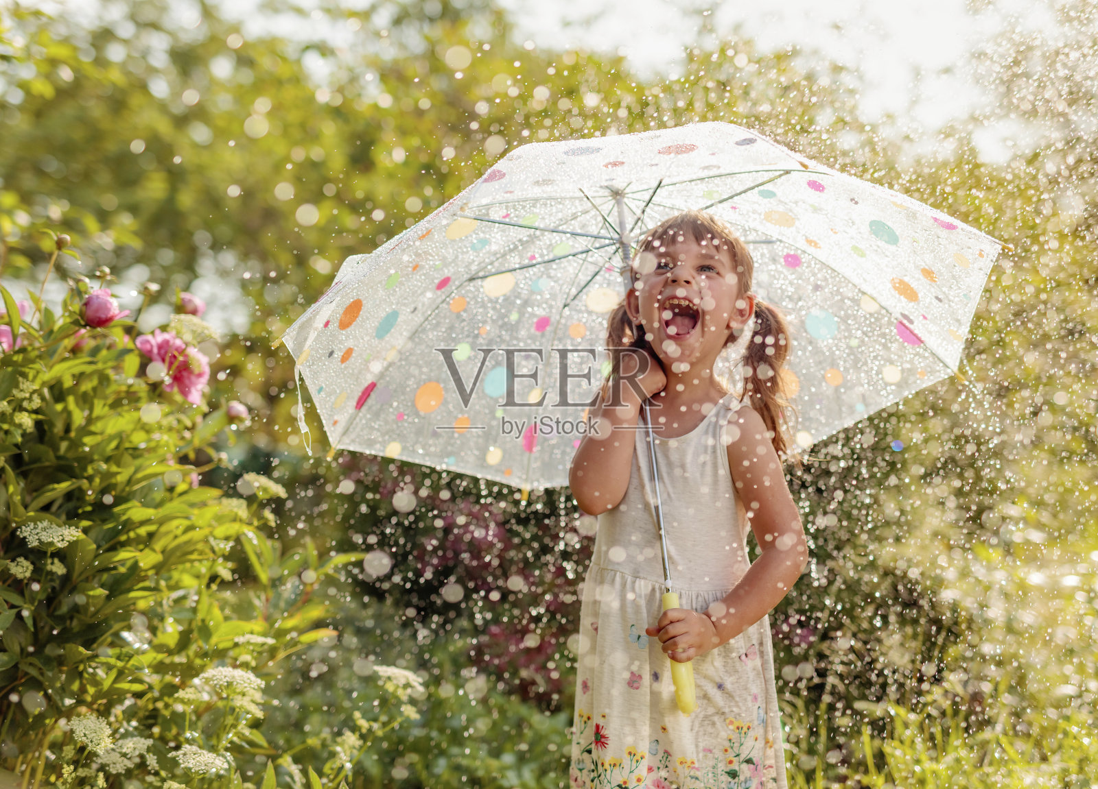 快乐的小女孩在花园里撑着伞下着夏日的雨。照片摄影图片