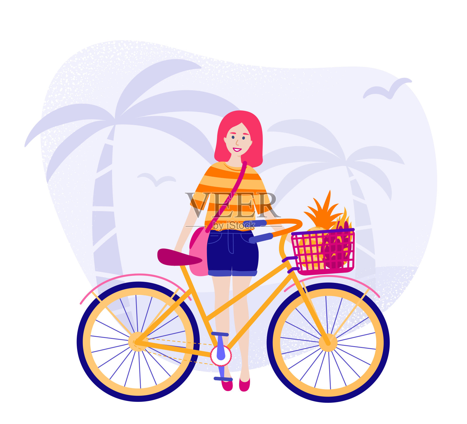 可爱快乐的年轻女子和她的自行车。平面卡通彩色矢量股票插图。插画图片素材