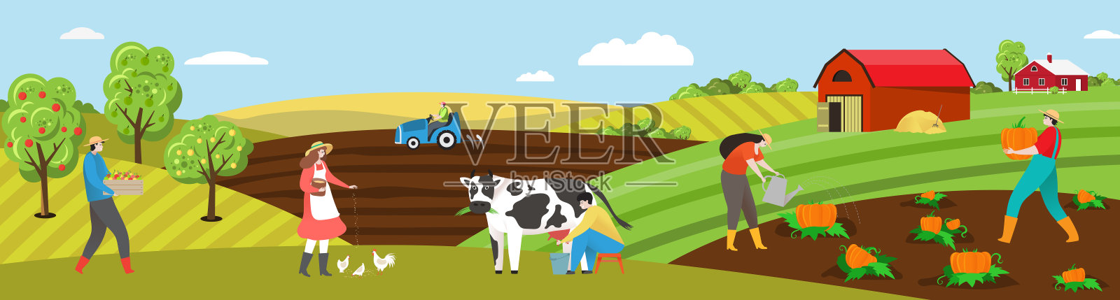 农民在田间工作矢量插图，卡通平面人在农田农村，奶牛，饲料鸡或种植蔬菜插画图片素材