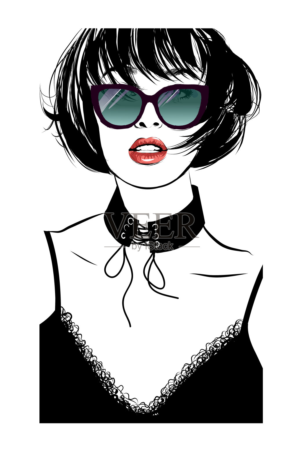 一个戴着墨镜的年轻女人的肖像插画图片素材