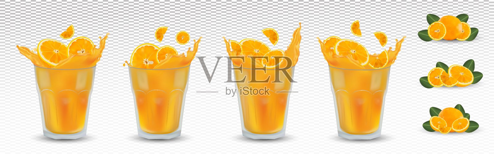 鲜榨橙汁装在透明的玻璃杯里。3D逼真的橙色飞溅。靠近果汁。橙色切片，带有绿叶，背景透明。矢量图。插画图片素材