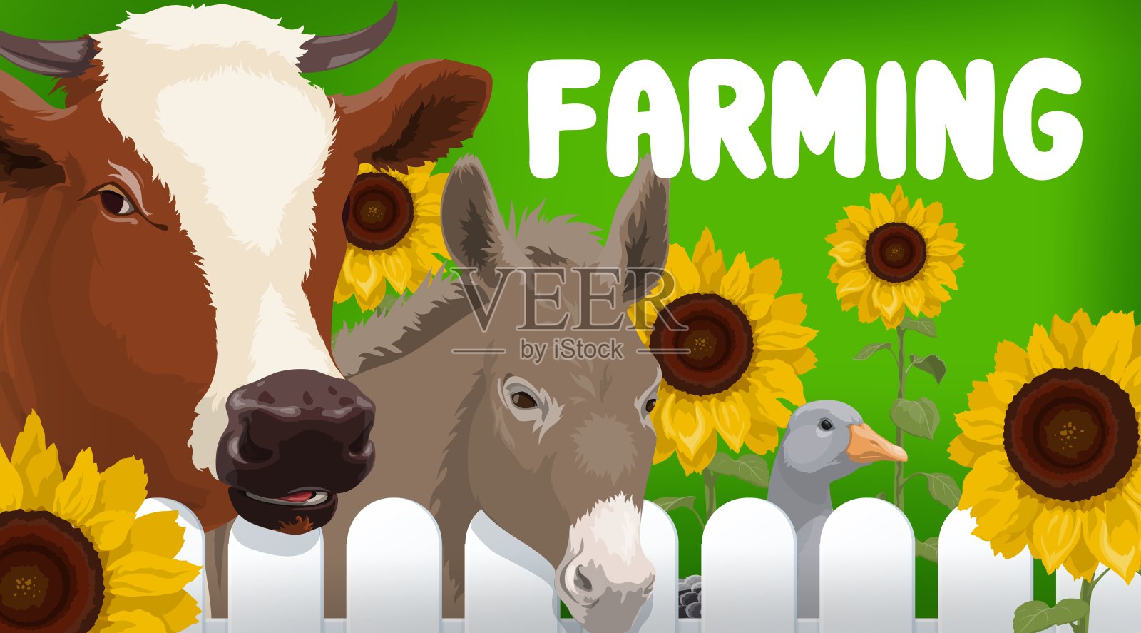 农场奶牛，鹅和驴动物插画图片素材