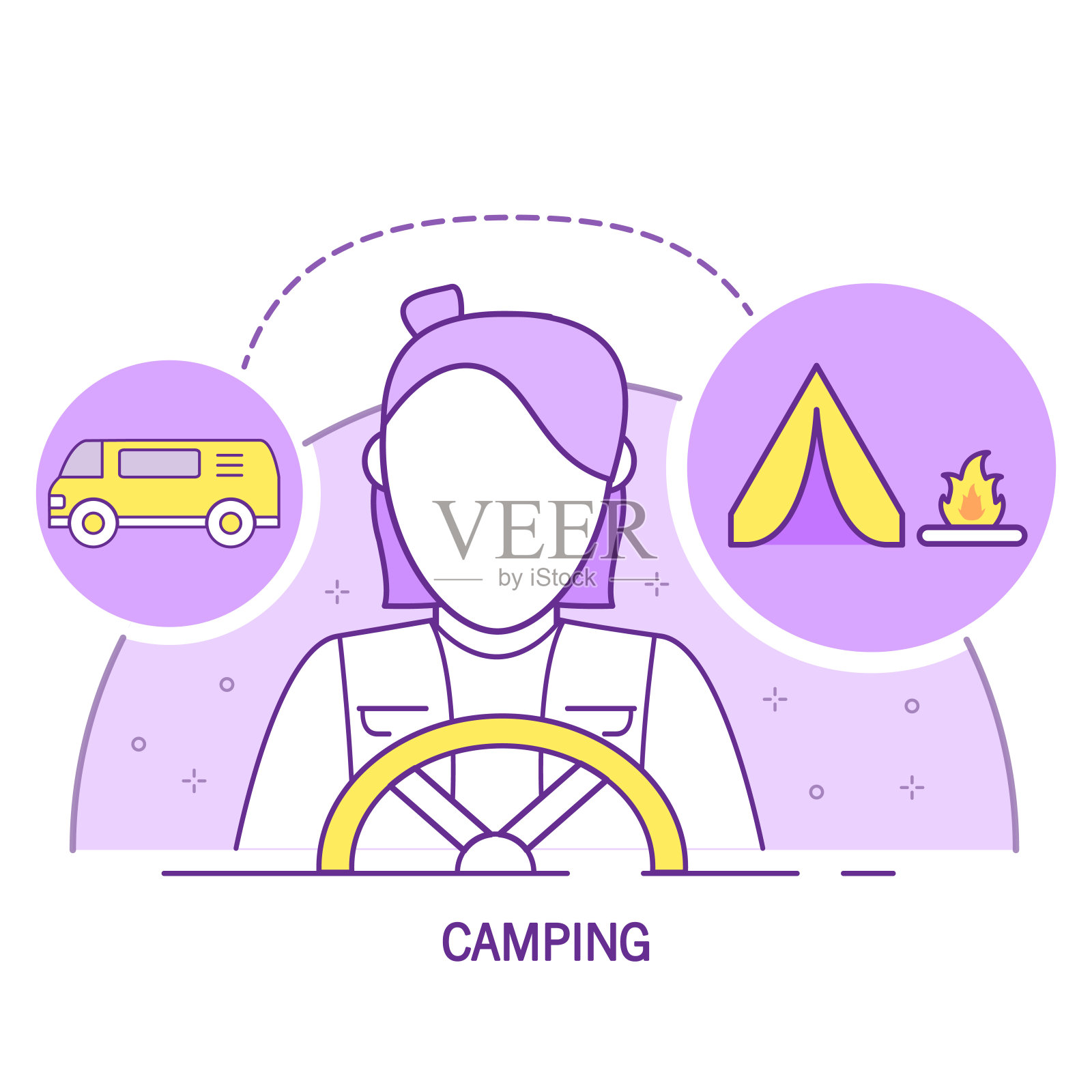 女孩司机面包车旅游营地帐篷偶像。设计元素图片