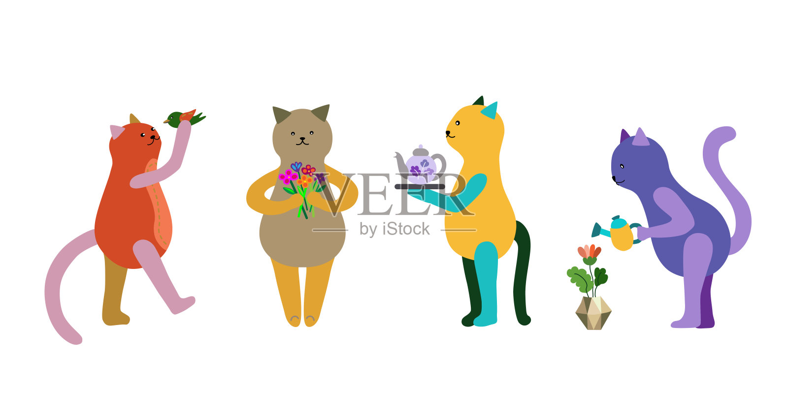 一套可爱的卡通猫。小猫的性格是用爪子站着，像人一样。动物浇花，捧茶壶，捧花束，捧鸟。手绘平面设计的孩子，卡片，打印。插画图片素材