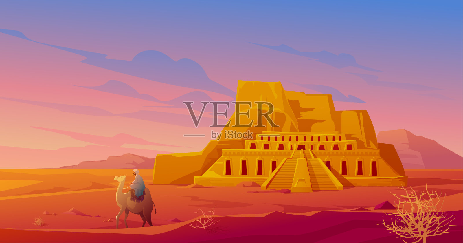 埃及沙漠有哈特谢普苏特神庙和骆驼背景图片素材