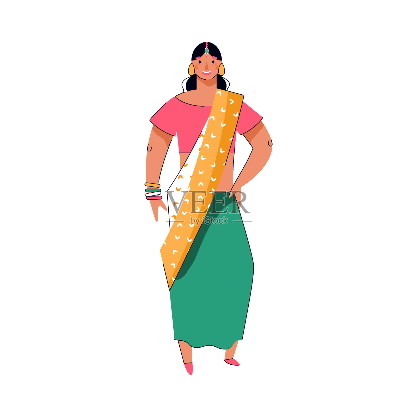 印度妇女在纱丽服装-卡通女孩在传统纱丽服装插画图片素材