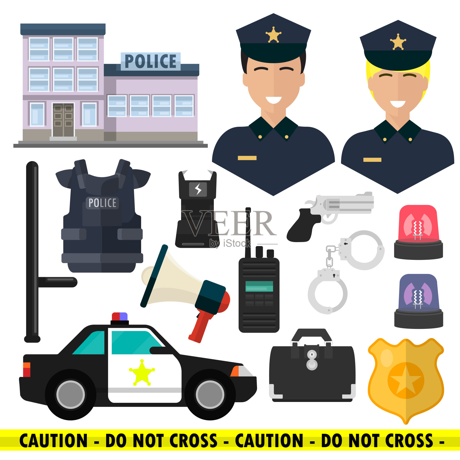 警察隔离白色背景上的图标，闪光，手铐，机器，电击器，装甲背心，案件，证书，枪插画图片素材