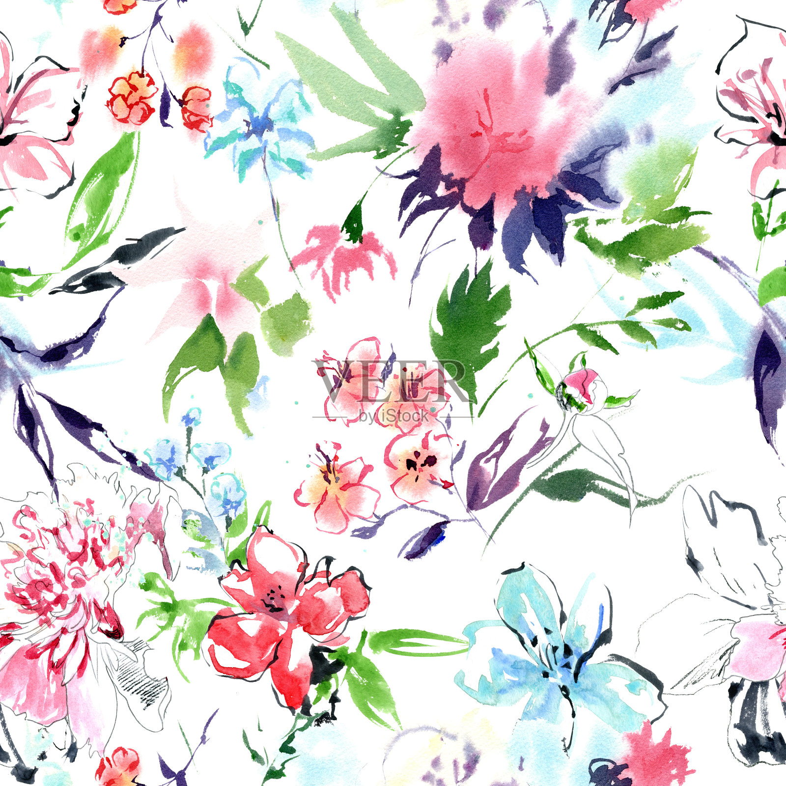 夏季花园花卉水彩无缝图案。浪漫的网页背景，纺织品，壁纸。插画图片素材