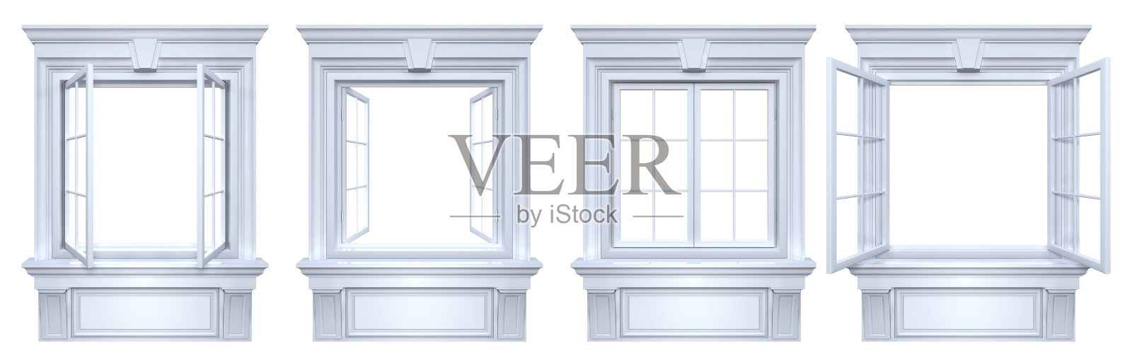封闭和开放的老式窗户与经典的装饰。一组开口与飞檐框架隔离在白色与复制空间照片摄影图片